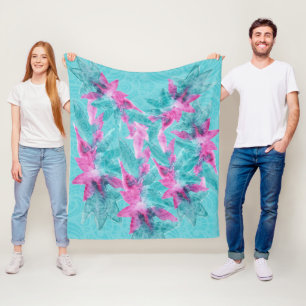 Turquoise Pink Abstract Hawaiian Flowers Fleece Blanket
