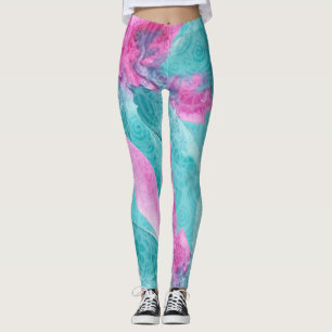 Turquoise Pink Abstract Hawaiian Flowers Leggings