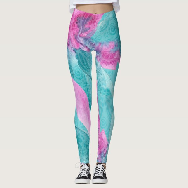Turquoise Pink Abstract Hawaiian Flowers Leggings (Front)