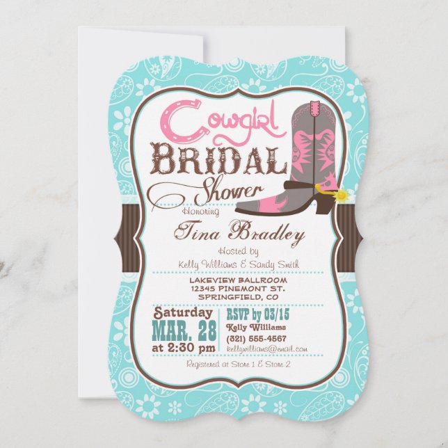 Turquoise, Pink, and Brown Cowgirl Bridal Shower Invitation (Front)