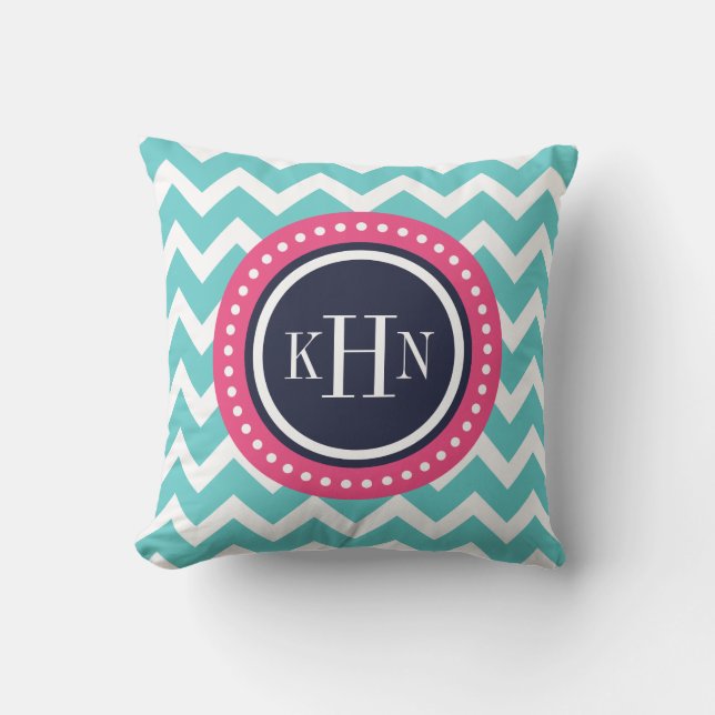 Turquoise Pink and Navy Chevron Monogram Cushion (Front)