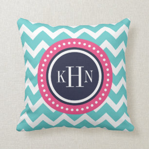 Turquoise Pink and Navy Chevron Monogram Cushion