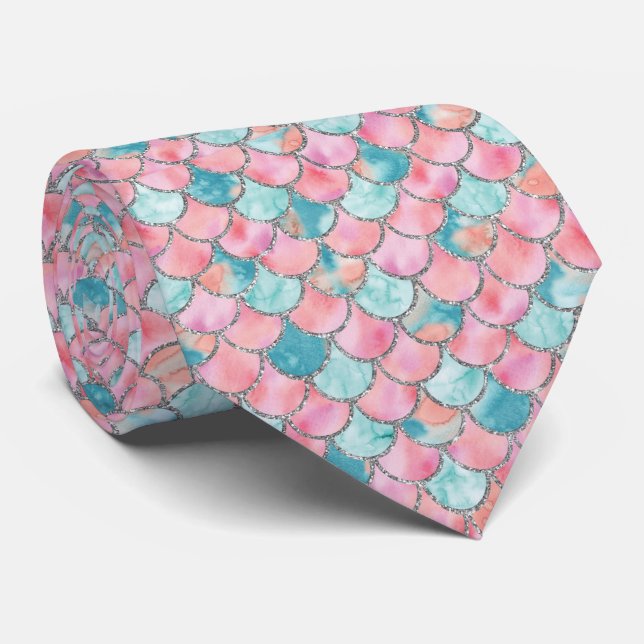 Turquoise Pink and Silver Mermaid Scales  Tie (Rolled)