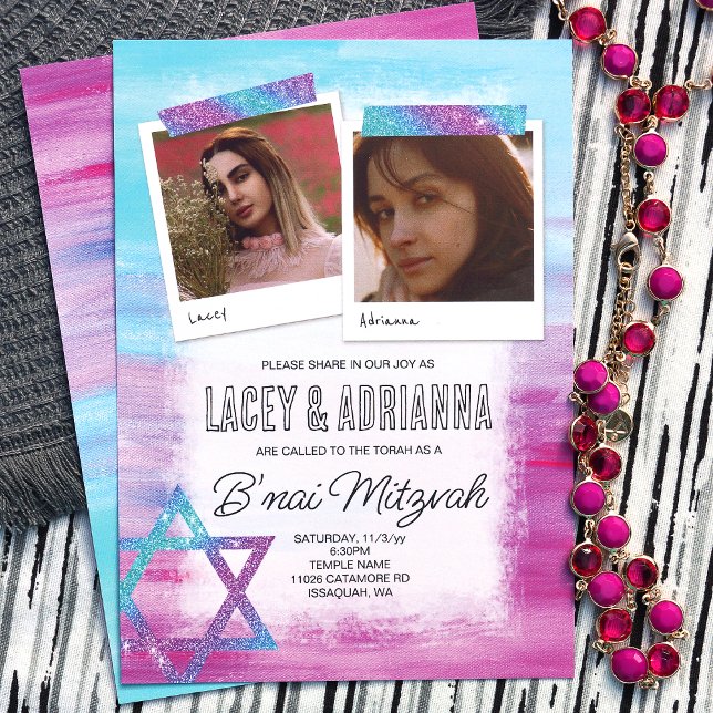 Turquoise, Pink, Blue Glitter B'nai Bat Mitzvah Invitation (Colorful b'nai bat mitzvah for 2 girls, pink turquoise blue, cute photo invitations, glitter stars)
