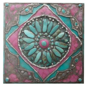Turquoise & Pink Boho Mosaic Mandala Artwork Tile