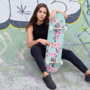 Turquoise Pink Cherry Blossom Skateboard