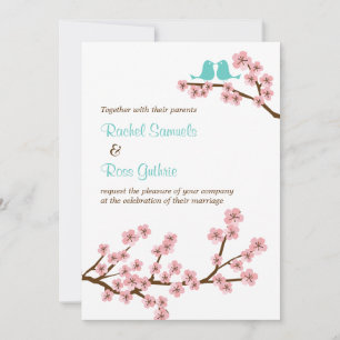 Turquoise & Pink Cherry Blossom (Vertical) Wedding Invitation