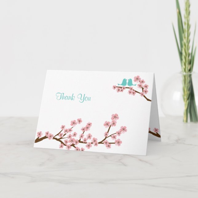 Turquoise & Pink Cherry Blossom Wedding Thank You (Front)