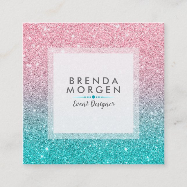 Turquoise & Pink Faux Glitter Gredient Square Business Card (Front)