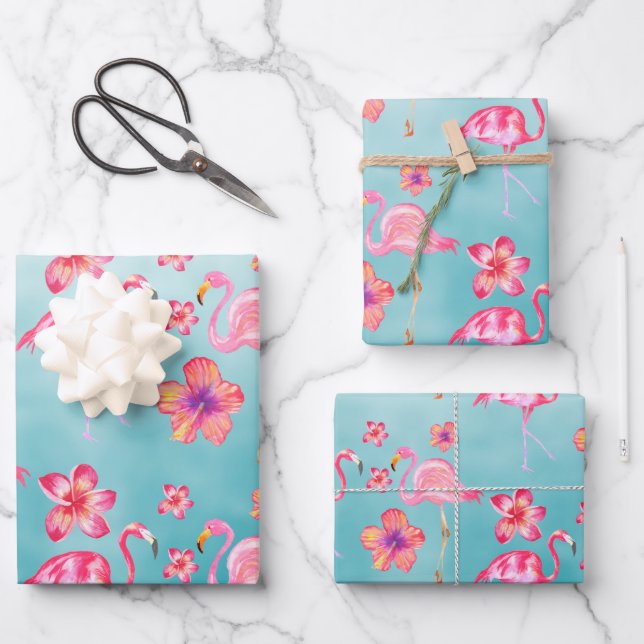Turquoise Pink Flamingoes & Pink Hibiscus 2 Wrapping Paper Sheet (Front)