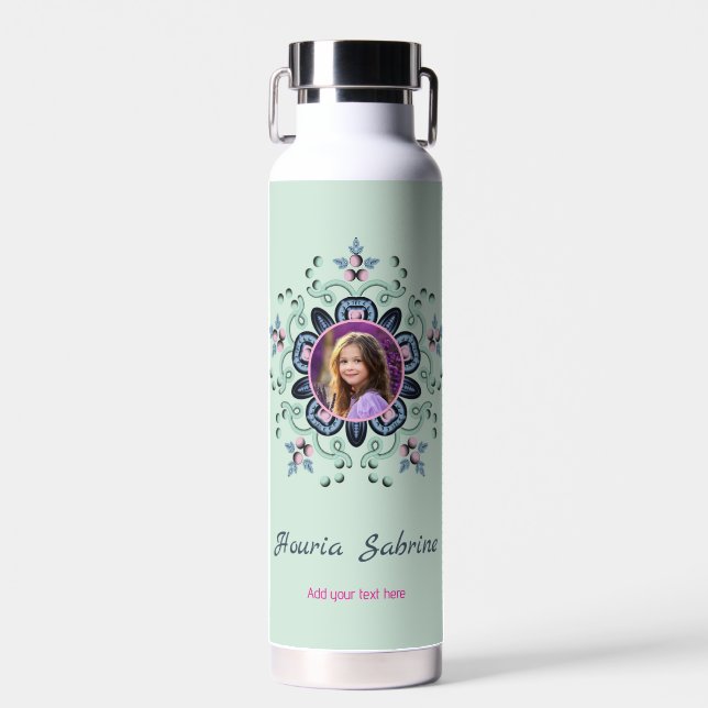 Turquoise & Pink Floral Mandala Doodle Photos  Water Bottle (Front)