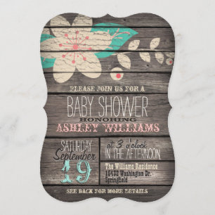 Turquoise & Pink Flower on Rustic Wood Baby Shower Invitation