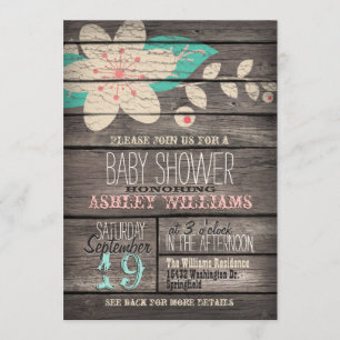 Turquoise & Pink Flower, Rustic Wood Baby Shower Invitation