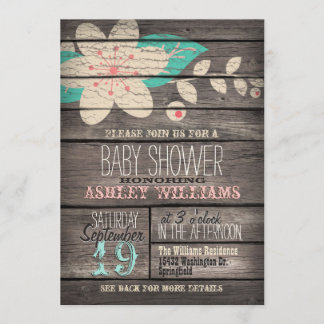 Turquoise & Pink Flower, Rustic Wood Baby Shower Invitation