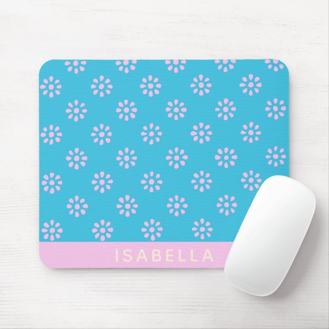 Turquoise Pink Flowers Boho Pattern Personalised Mouse Mat (With Mouse)