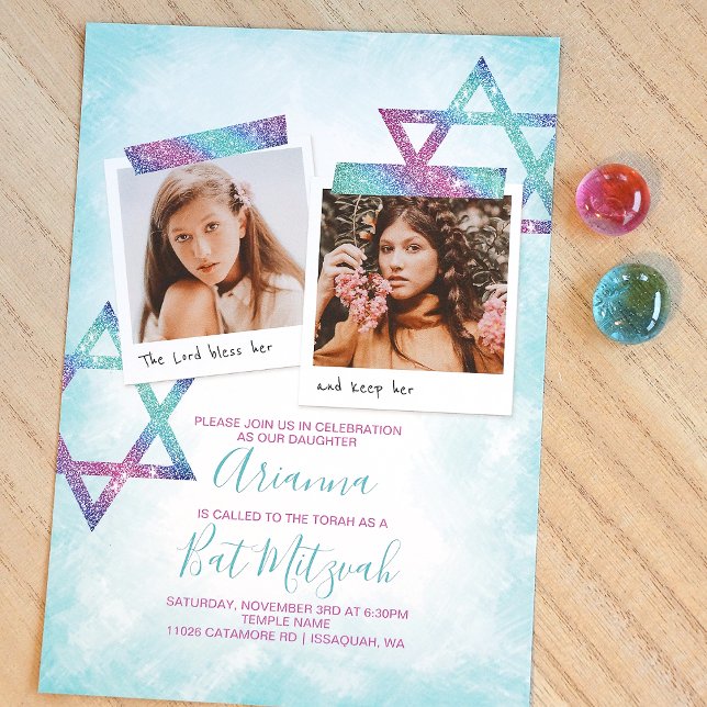 Turquoise, Pink Glitter Bat Mitzvah Invitation (Cute turquoise, violet pink Star of David Bat Mitzvah invitations with photo collage layout)