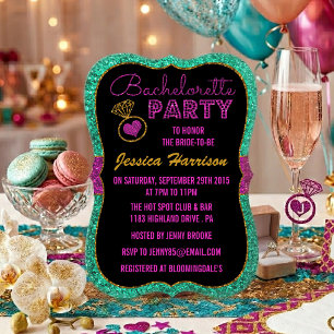 Turquoise, Pink & Gold Glitter Bachelorette Party Invitation
