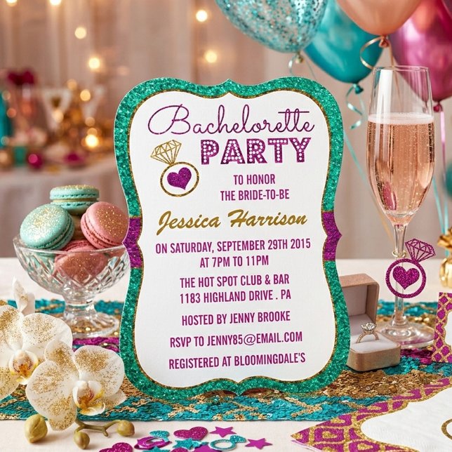Turquoise, Pink & Gold Glitter Bachelorette Party Invitation (Creator Uploaded)