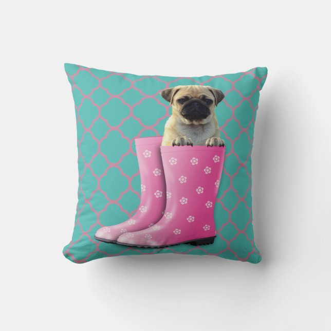 Turquoise Pink Home Decor PUG Cushion (Front)