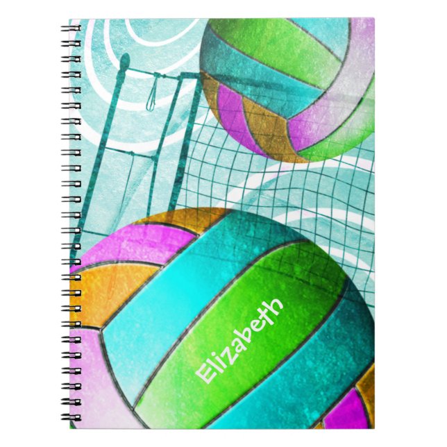 Turquoise pink lime girls' volleyball personalised notebook (Front)
