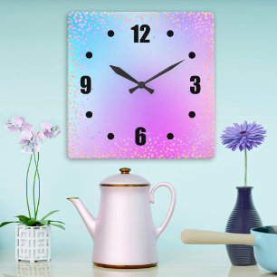 Turquoise pink ombre watercolor confetti dots chic square wall clock
