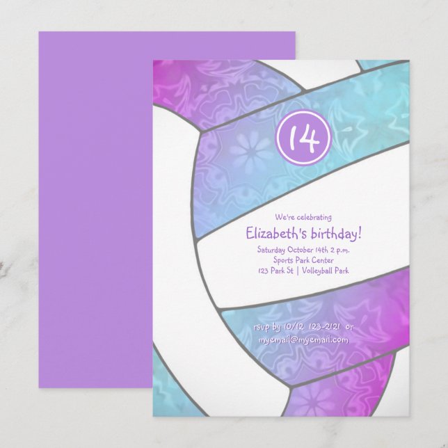 turquoise pink purple volleyball girly birthday invitation (Front/Back)
