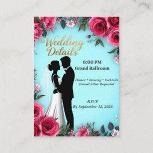 💍 Turquoise Pink Rose Wedding Couple Silhouette  Enclosure Card