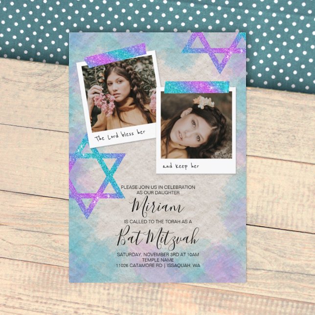 Turquoise & Pink Scrapbook Bat Mitzvah Invitation (sparkly glitter stars, turquoise and pink bat mitzvah party invitation, 12th birthday)