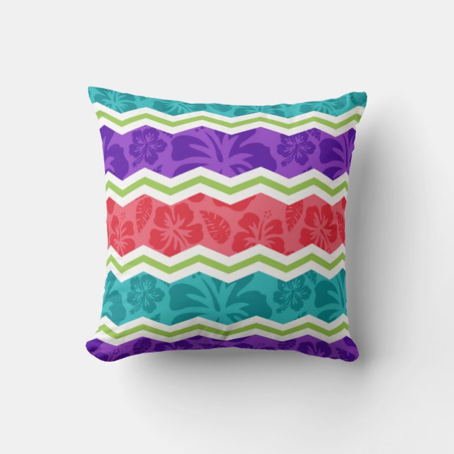 Turquoise, Pink, Violet Purple, and Green Tropical Cushion (Front)