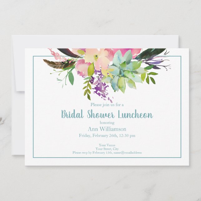 Turquoise Pink Watercolor Floral Bridal Shower Invitation (Front)