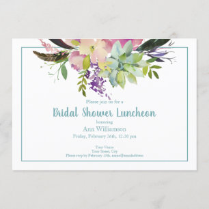 Turquoise Pink Watercolor Floral Bridal Shower Invitation