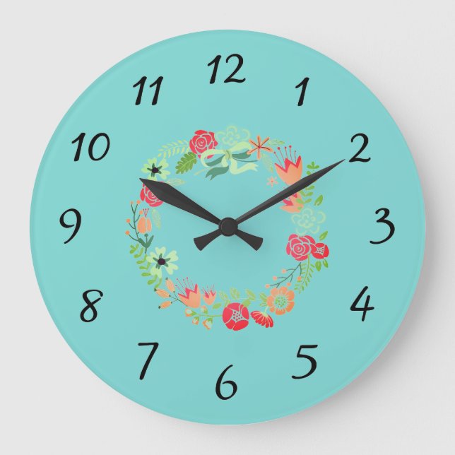 Turquoise Pink Wreath Wall Clock (Front)
