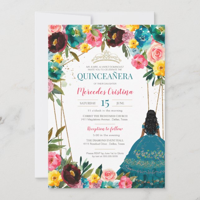 Turquoise Pink Yellow Fiesta Floral Quinceanera In Invitation (Front)