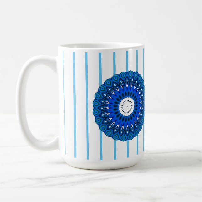 Turquoise Pinstriped Blue Mandala Mug (Left)