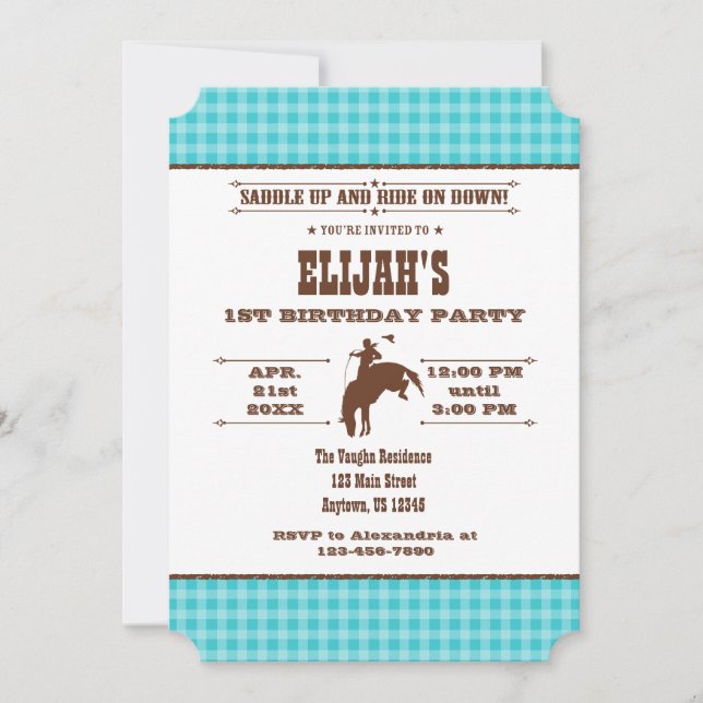 Turquoise Plaid Cowboy Rodeo Birthday Invitation (Front)