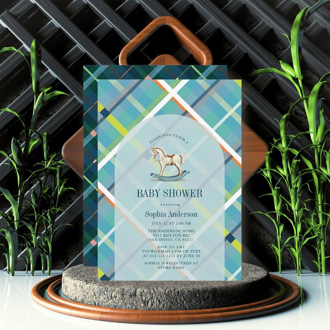 Turquoise Plaid Rocking Horse Boy Baby Shower Invitation (Creator Uploaded)