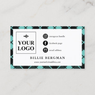 Turquoise Plaid Social Media Logo & Photo Business Card