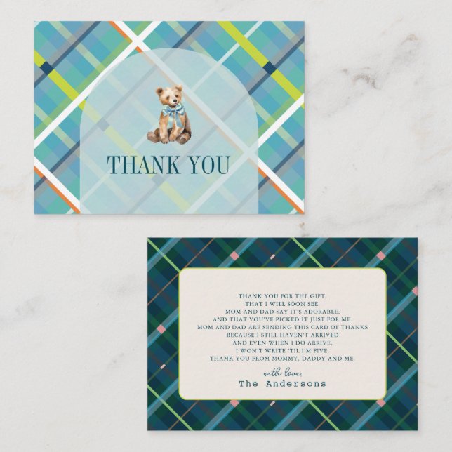 Turquoise Plaid Teddy Bear Baby Shower Thank You Card (Front/Back)