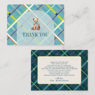 Turquoise Plaid Teddy Bear Baby Shower Thank You Card