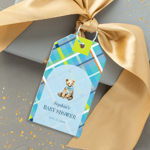 Turquoise Plaid Teddy Bear Bow Baby Shower Gift Tags