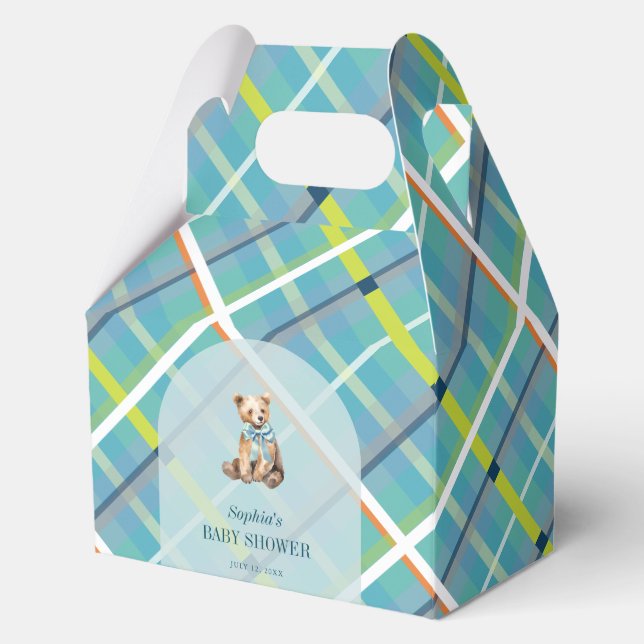 Turquoise Plaid Teddy Bear Boy Baby Shower Favour Box (Front)