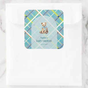Turquoise Plaid Teddy Bear Boy Baby Shower Square Sticker