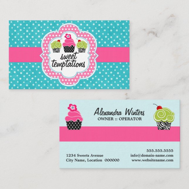 Turquoise Polka Dot Cupcake Bakery Business Card (Front/Back)