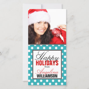 Turquoise Polka Dot Red Happy Holidays Photo Cards