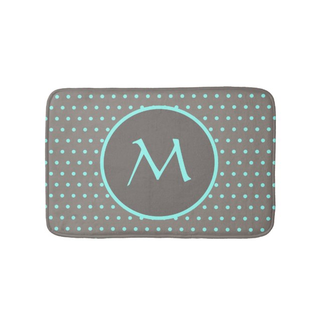 Turquoise polka dots monogrammed grey bath mat (Front)