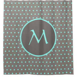 Turquoise polka dots monogrammed grey shower curtain