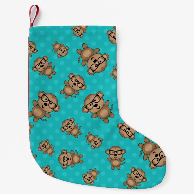 Turquoise polka dots nerd monkey small christmas stocking (Front)