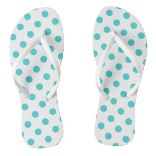 Turquoise Polka Dots on White Flip Flops