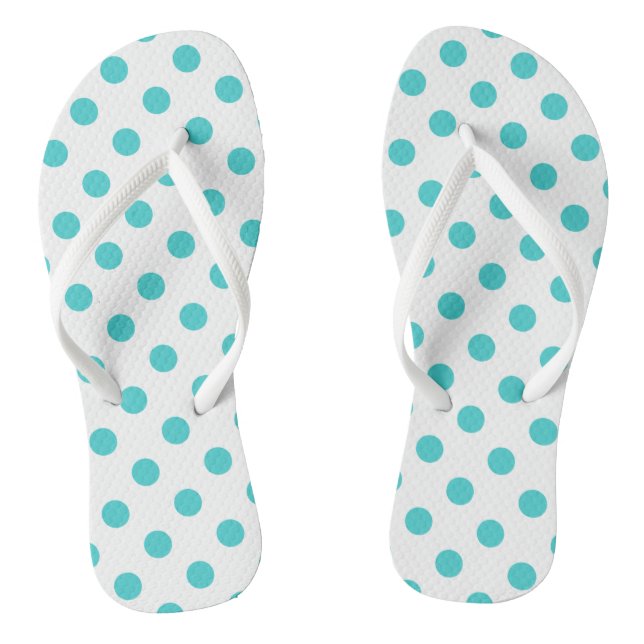 Turquoise Polka Dots on White Flip Flops (Footbed)