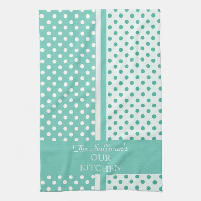 Turquoise Polka Dots Personalised Kitchen Towels (Vertical)